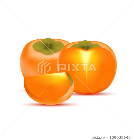 Yellow orange whole persimmon and slices. Vitamins, Healthy food fruit. On a white background. Realistic 3D Vector illustration. 109039646