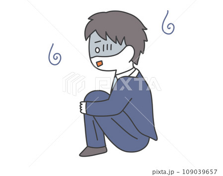 体育座りをしながら悩んでいるスーツの男性 体育座りをしながら悩んでいるスーツの男性 109039657