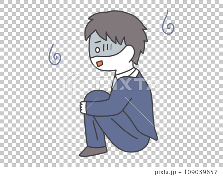 体育座りをしながら悩んでいるスーツの男性 体育座りをしながら悩んでいるスーツの男性 109039657
