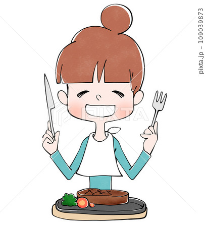 ステーキを食べる女性のイラスト ステーキを食べる女性のイラスト 109039873