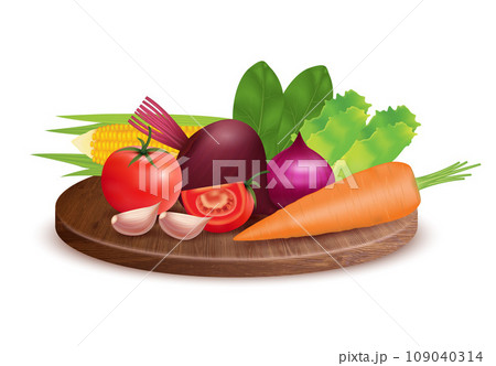 Fresh organic vegetables on wooden plate. Ingredients of herbs tomato, pepper, onion, garlic and lime. Cooking ingredients healthy nutrition natural food concept. Realistic 3d vector illustration. 109040314