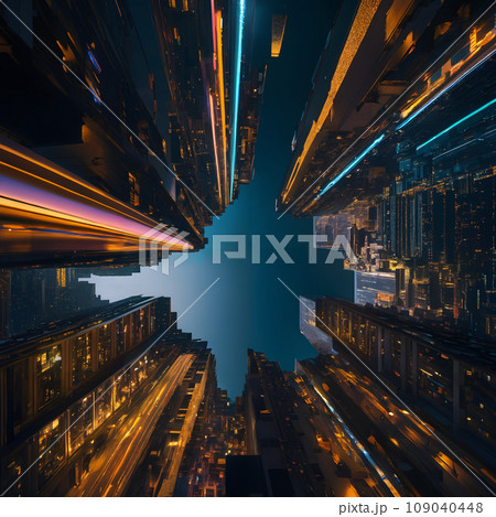 Looking up at a city at night. 109040448