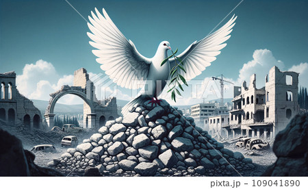 White Dove of Peace Over War-Torn Cityscape 109041890