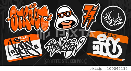 Orange Abstract Colorful Urban Graffiti Style Sticker Bombing With Some Street Art Lettering Set 109042152