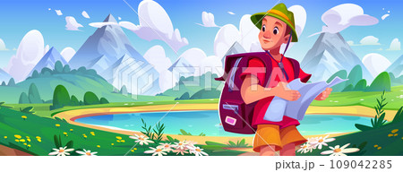 Male tourist hiking near mountain lake 109042285