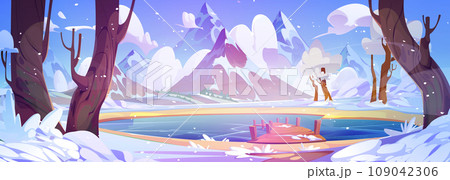 Frozen lake with wooden pier and winter mountains 109042306
