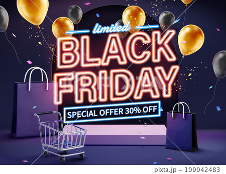 3D retro neon Black Friday banner 109042483