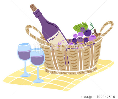 かごに入ったワインボトルとグラス、色鉛筆テクスチャの手描きのおしゃれなイラスト 109042516