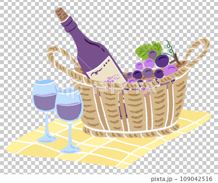 かごに入ったワインボトルとグラス、色鉛筆テクスチャの手描きのおしゃれなイラスト 109042516