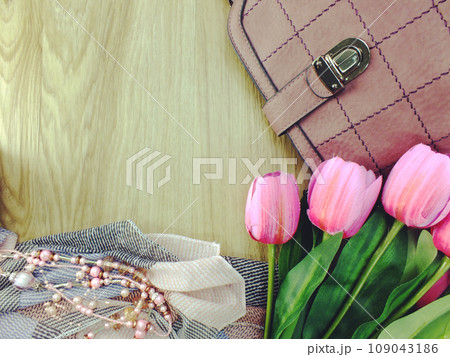 woman accessories top view of flat shoes lady bag and scarf with space background woman accessories top view of flat shoes lady bag and scarf with space background 109043186