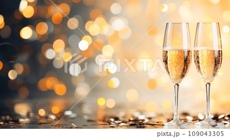 Two elegant glasses of champagne or sparkling wine Prosecco on festive sparkling background with lights and golden bokeh 109043305