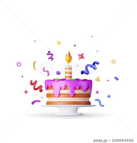 3D Cake with Candle and Confetti 109043400