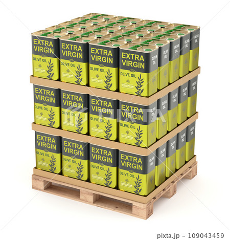 Olive oil cans with abstract label on wooden pallet - 3D illustration 109043459