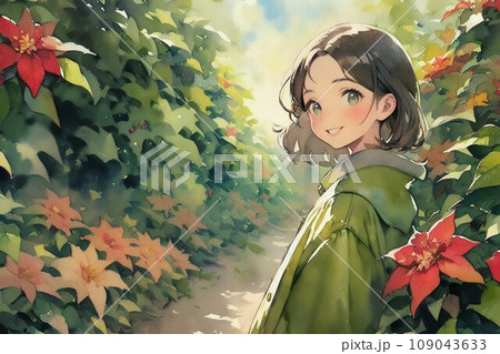 笑顔で振り向く女性とポインセチアの木 笑顔で振り向く女性とポインセチアの木 109043633