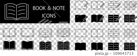 本とノートの線画とシルエットのアイコンセット 109043713