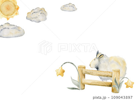 Watercolor hand drawn illustration, cute little plush baby sheep jumping fence, star flowers, sun and clouds Composition isolated on white background. For kids children bedroom, fabric, linens print 109043897
