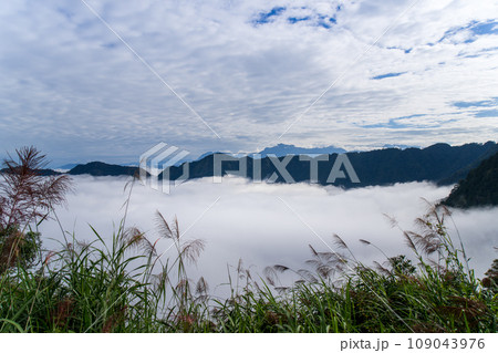 The mountain peaks are covered by white clouds, with only the tops showing. The mountain peaks are covered by white clouds, with only the tops showing. 109043976
