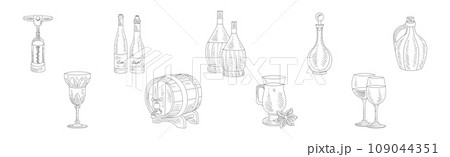 Wine Sketch Element with Jug, Glass and Goblet Vector Set 109044351