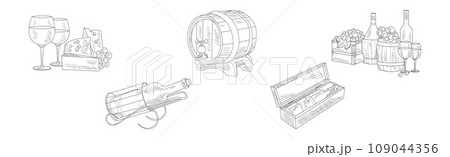 Wine Sketch Element with Wooden Barrel, Glass Bottle and Cheese Vector Set 109044356
