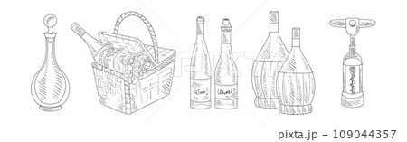Wine Sketch Element with Bottle, Basket and Corkscrew Vector Set 109044357