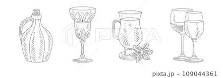 Wine Sketch Element with Jug, Glass and Goblet Vector Set 109044361