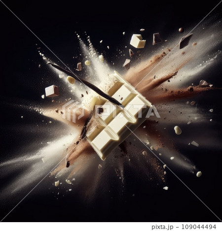 milk chocolate bar pieces with cocoa powder around. craft chocolate products milk chocolate bar pieces with cocoa powder around. craft chocolate products 109044494