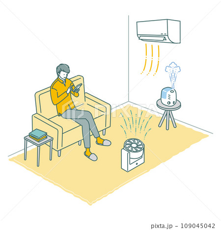 冬のエアコン節電対策（リビングでサーキュレーター・加湿器を使う） 109045042