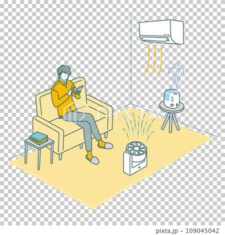 冬のエアコン節電対策（リビングでサーキュレーター・加湿器を使う） 109045042