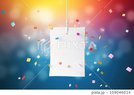 White sign hangs from a rope, surrounded by a flurry of confetti. The sign is blank, ready for your message. The confetti adds a festive touch, perfect for any celebration. 109046014