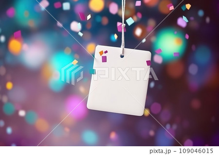 White sign hangs from a rope, surrounded by a flurry of confetti. The sign is blank, ready for your message. The confetti adds a festive touch, perfect for any celebration. 109046015