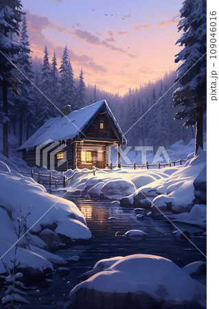 Log cabin covered in snow in the mountains. Winter wonderland scene with pine trees and snow capped peaks. Perfect for Christmas card or holiday background. 109046016