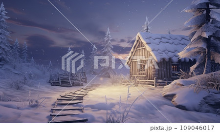 Log cabin covered in snow in the mountains. Winter wonderland scene with pine trees and snow capped peaks. Perfect for Christmas card or holiday background. 109046017