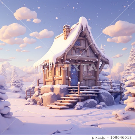 Log cabin covered in snow in the mountains. Winter wonderland scene with pine trees and snow capped peaks. Perfect for Christmas card or holiday background. 109046018