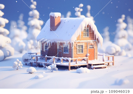 Log cabin covered in snow in the mountains. Winter wonderland scene with pine trees and snow capped peaks. Perfect for Christmas card or holiday background. 109046019