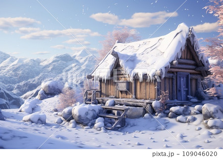 Log cabin covered in snow in the mountains. Winter wonderland scene with pine trees and snow capped peaks. Perfect for Christmas card or holiday background. 109046020