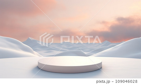 Round snow podium in the middle of a snowy landscape. The podium is surrounded by tall, green trees covered in a thick layer of snow. Round snow podium in the middle of a snowy landscape. The podium is surrounded by tall, green trees covered in a thick layer of snow. 109046028