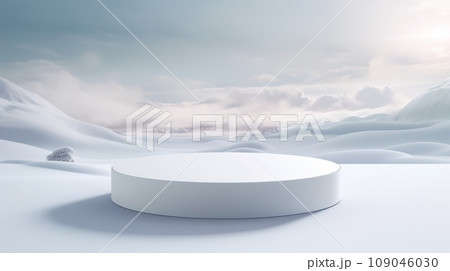 Round snow podium in the middle of a snowy landscape. The podium is surrounded by tall, green trees covered in a thick layer of snow. Round snow podium in the middle of a snowy landscape. The podium is surrounded by tall, green trees covered in a thick layer of snow. 109046030