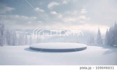 Round snow podium in the middle of a snowy landscape. The podium is surrounded by tall, green trees covered in a thick layer of snow. Round snow podium in the middle of a snowy landscape. The podium is surrounded by tall, green trees covered in a thick layer of snow. 109046031