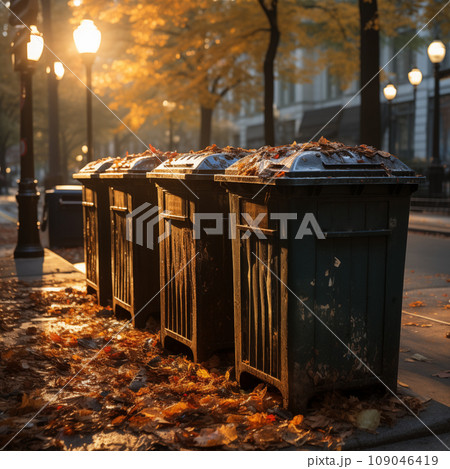 Full trash cans in the city on the street. Pollution of nature. AI generativ. Full trash cans in the city on the street. Pollution of nature. AI generativ. 109046419