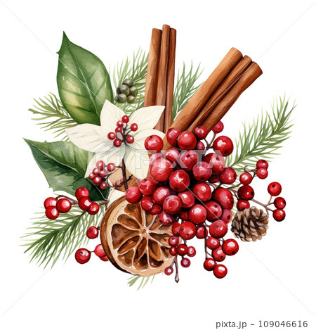 Festive Watercolor Christmas Potpourri Clipart with Pine Cones and Ornaments, Perfect for Holiday Decorations and Seasonal Crafts, Isolated on Transparent Background, Ai generative 109046616