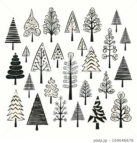 Christmas Tree Sketched Icon Hand Drawn, Xmas Tree Doodle Sketch Graphic Element, New Year Scribble Fir 109046676