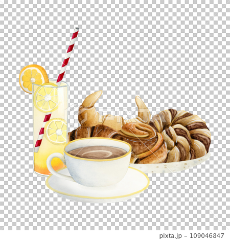 Continental breakfast with cup of coffee, croissants pastry and juice for morning snack watercolor illustration isolated on white background for hotel cafe menus Continental breakfast with cup of coffee, croissants pastry and juice for morning snack watercolor illustration isolated on white background for hotel cafe menus 109046847