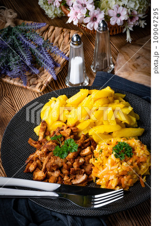 Greek gyros dish with potato and vegetables. Greek gyros dish with potato and vegetables. 109047295