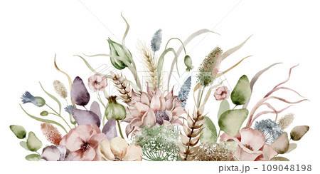 Lush floral border of wildflowers in watercolor. A hand-drawn botanical illustration depicting summer plants and herbs on an isolated background. Plant composition for postcards, logo and badge. Lush floral border of wildflowers in watercolor. A hand-drawn botanical illustration depicting summer plants and herbs on an isolated background. Plant composition for postcards, logo and badge. 109048198