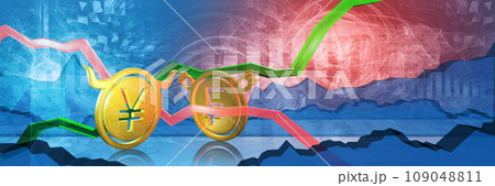 bullish jpy or cny stopped by bearish chf. foreign exchange market 3d illustration of japanese yen or chinese yuan to swiss franc. currency represented as golden coins 109048811
