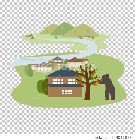 Illustration of a bear coming from the mountains to a human village to pick up fruit 109048817