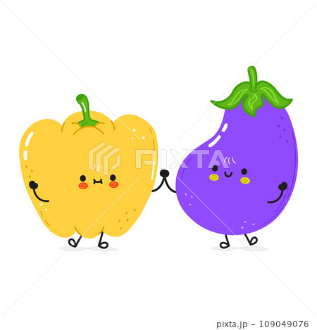 Bell pepper and eggplant card. Vector hand drawn doodle style cartoon character illustration icon design. Happy Bell pepper and eggplant friends concept card Bell pepper and eggplant card. Vector hand drawn doodle style cartoon character illustration icon design. Happy Bell pepper and eggplant friends concept card 109049076