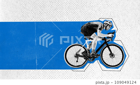 Poster. Contemporary art collage. Young athletic man riding bike in motion against white background. Old paper filter. Negative space for ad. Poster. Contemporary art collage. Young athletic man riding bike in motion against white background. Old paper filter. Negative space for ad. 109049124