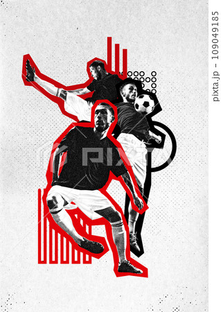 Contemporary art collage. Professional football player with bright silhouette training before match against white background in paper filter. Contemporary art collage. Professional football player with bright silhouette training before match against white background in paper filter. 109049185