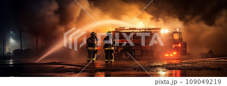 Firefighters next to a fire truck extinguishing a fire Firefighters next to a fire truck extinguishing a fire 109049219